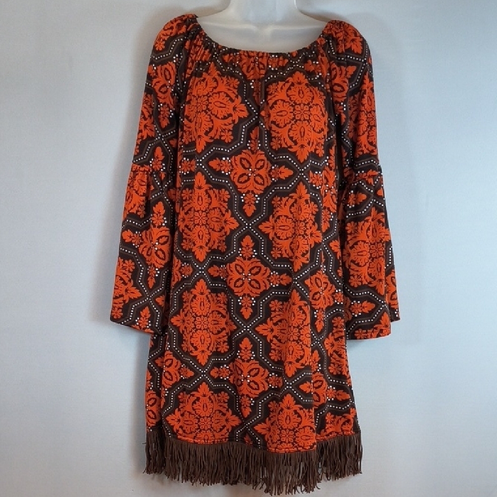 Lady's World Women's Bohemian Bell Sleeve Orange/Brown  Mini Dress Size L